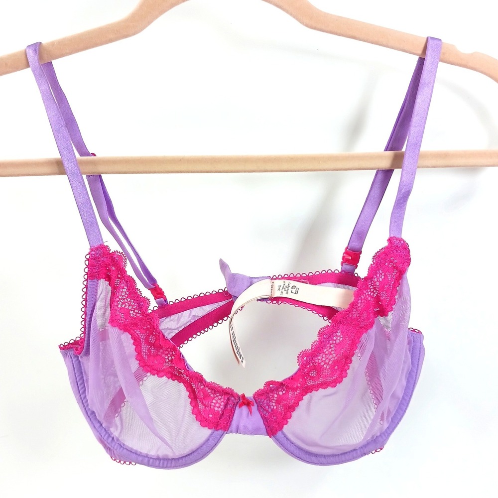 Victoria's Secret Tease Unlined Demi Bra Purple Pink Lace Mesh 34C